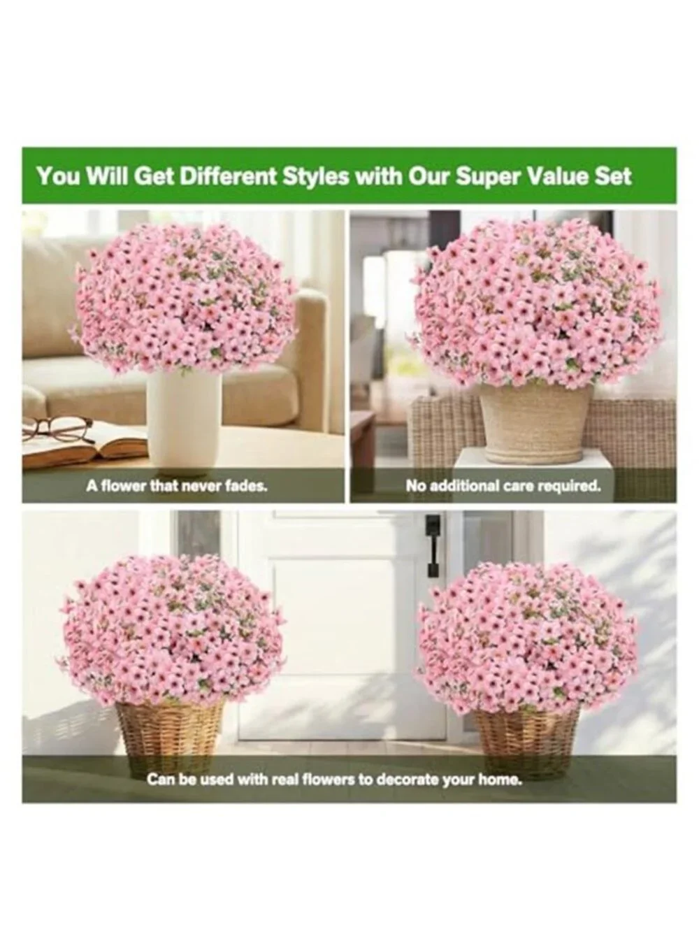 Artificial Outdoor Flowers UV Resistant Fake Plants Porch Decor Pink 13 Bundles